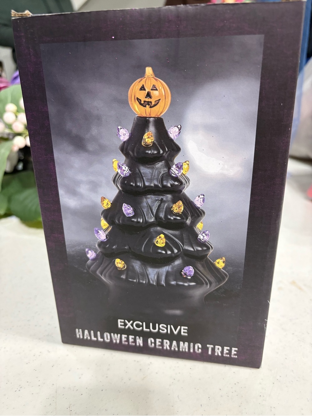 2 Halloween Ceramic Tree - Black with Orange Pumpkin Top and Purple/Yellow Light